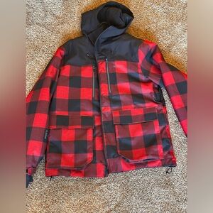Red and Black Ski Jacket with Buffalo Plaid